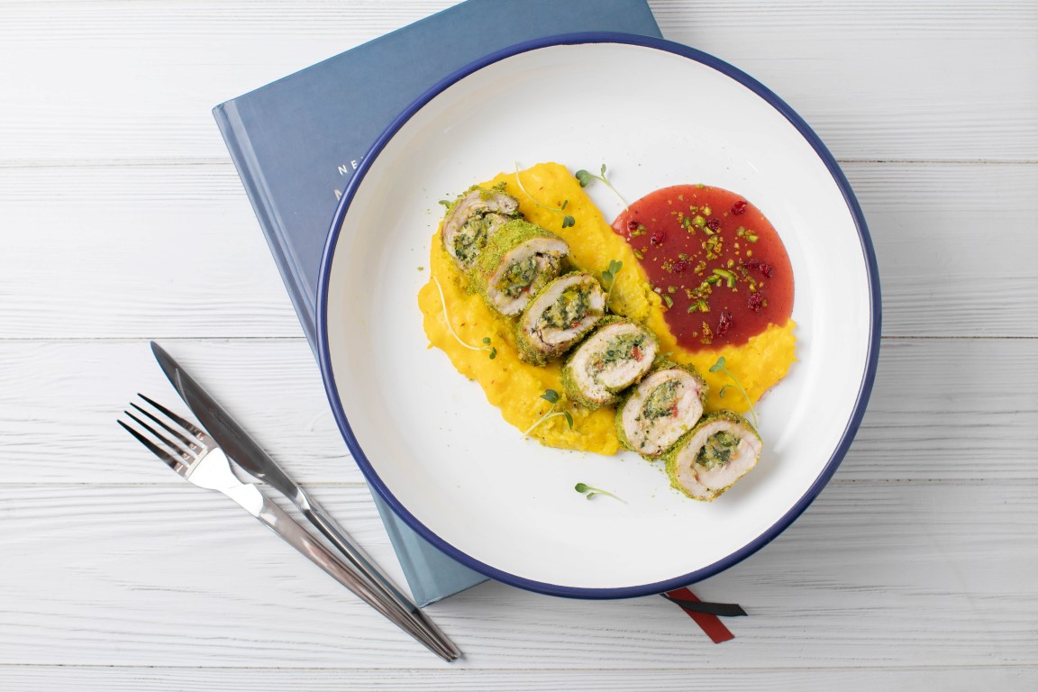 Chicken Roulade with Saffron Potato Puree